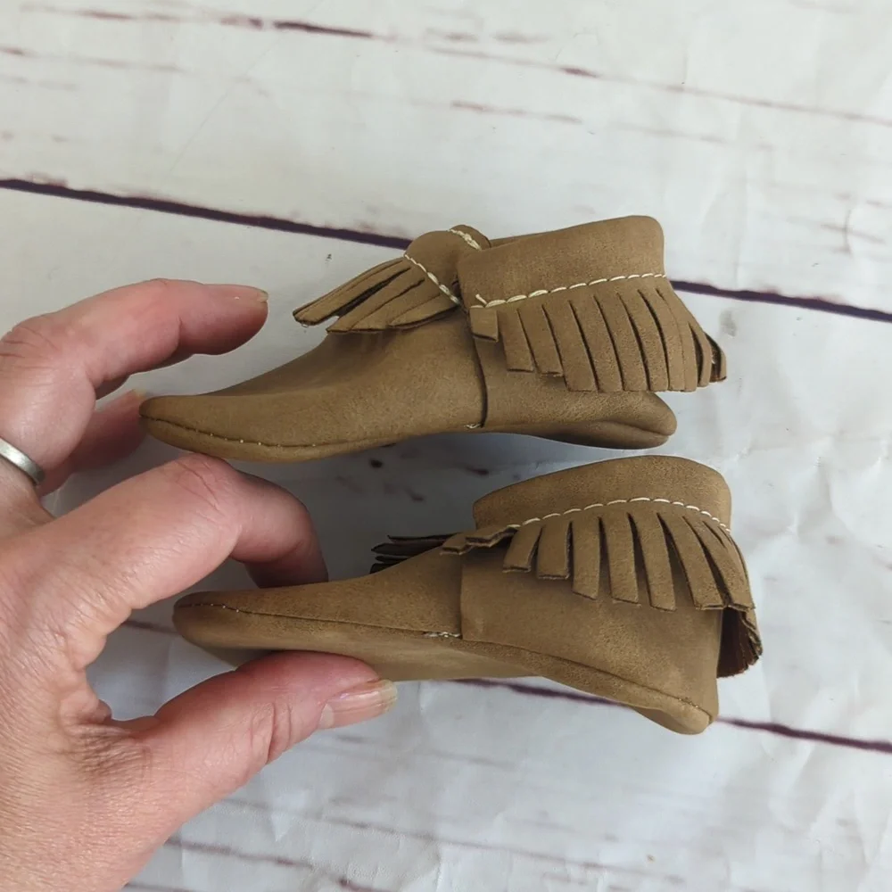 First Steps baby toddler shoes moccasins, two pairs gray & brown, size 2
